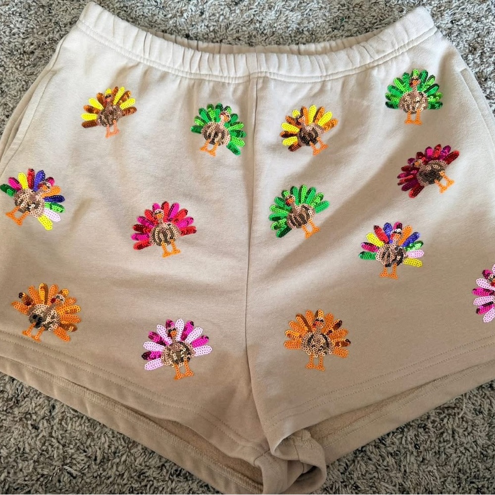 QUEEN OF SPARKLES Sequin Multi Turkey Thanksgiving Shorts